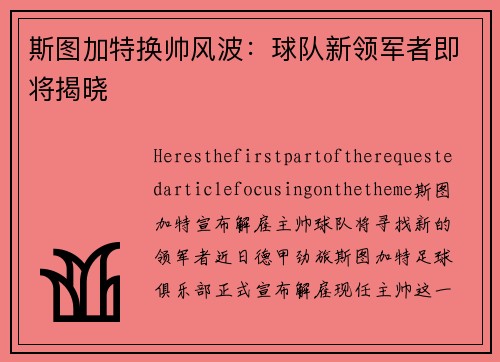 斯图加特换帅风波：球队新领军者即将揭晓